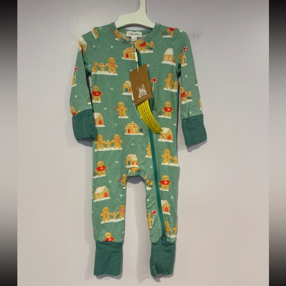 Angel Dear Festive Gingerbread Green Kids Footie‎ Bamboo Christmas NWT